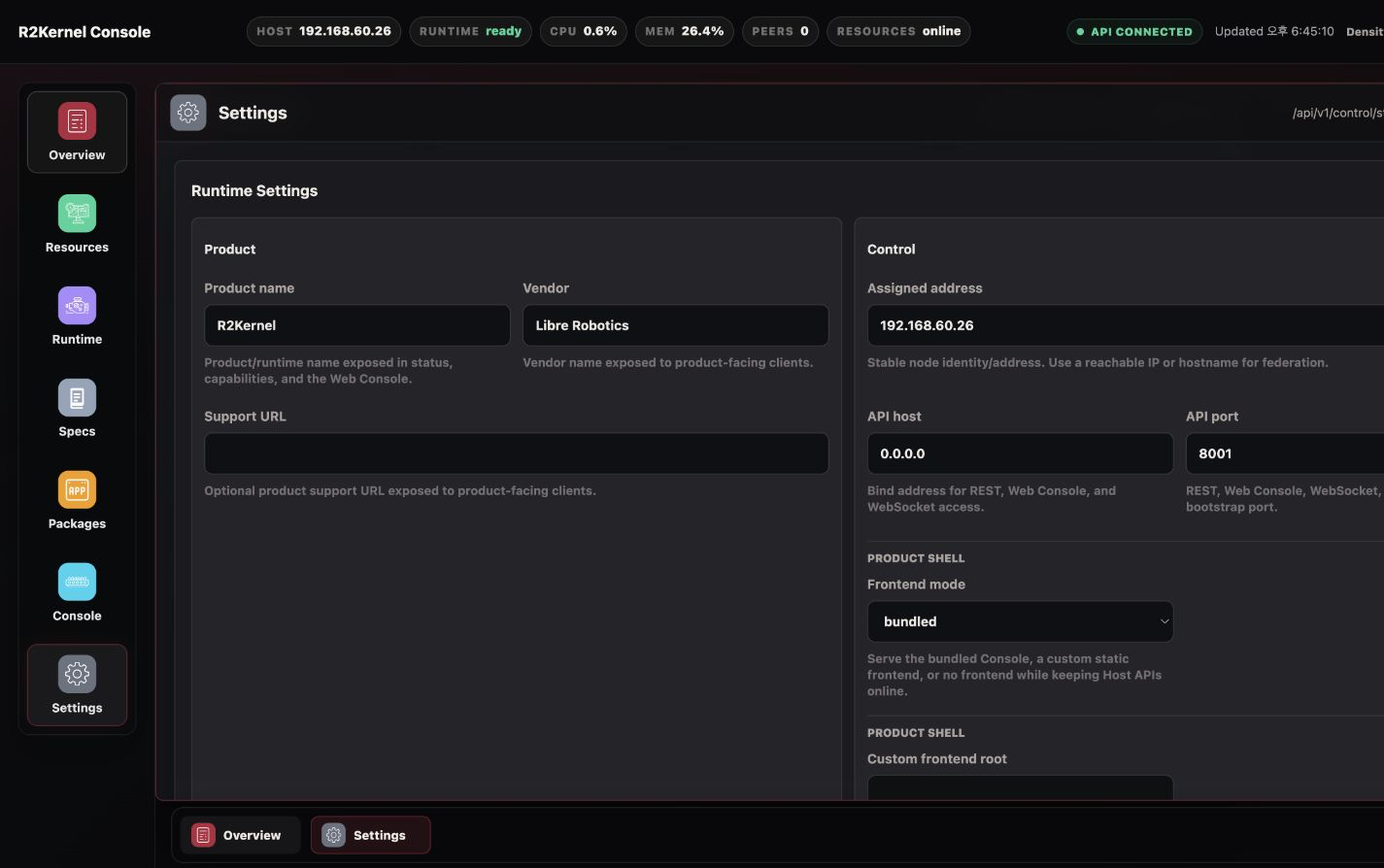 Settings page